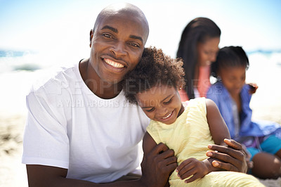 Buy stock photo African family, parents or children and hug at beach for adventure, holiday or vacation in summer. Black people, face and smile outdoor in nature for embrace, experience or bonding and relationship