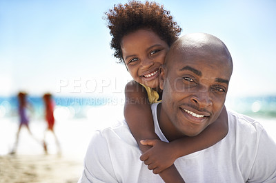 Buy stock photo Portrait of a daughter and father enjoying a day on the  beach