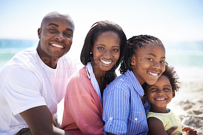 Buy stock photo Black family, parents or children and portrait at beach for adventure, holiday or vacation in summer. African people, face or smile outdoor in nature for break, experience or bonding and relationship