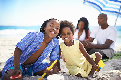 Buy stock photo Black family, parents or children and portrait at beach for adventure, holiday or vacation in summer. African people, face or smile outdoor in nature for break, experience or bonding and relationship