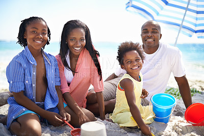 Buy stock photo African family, parents or children and portrait at beach for adventure, holiday or vacation in summer. Black people, face or smile outdoor in nature for playing, experience or bond and relationship