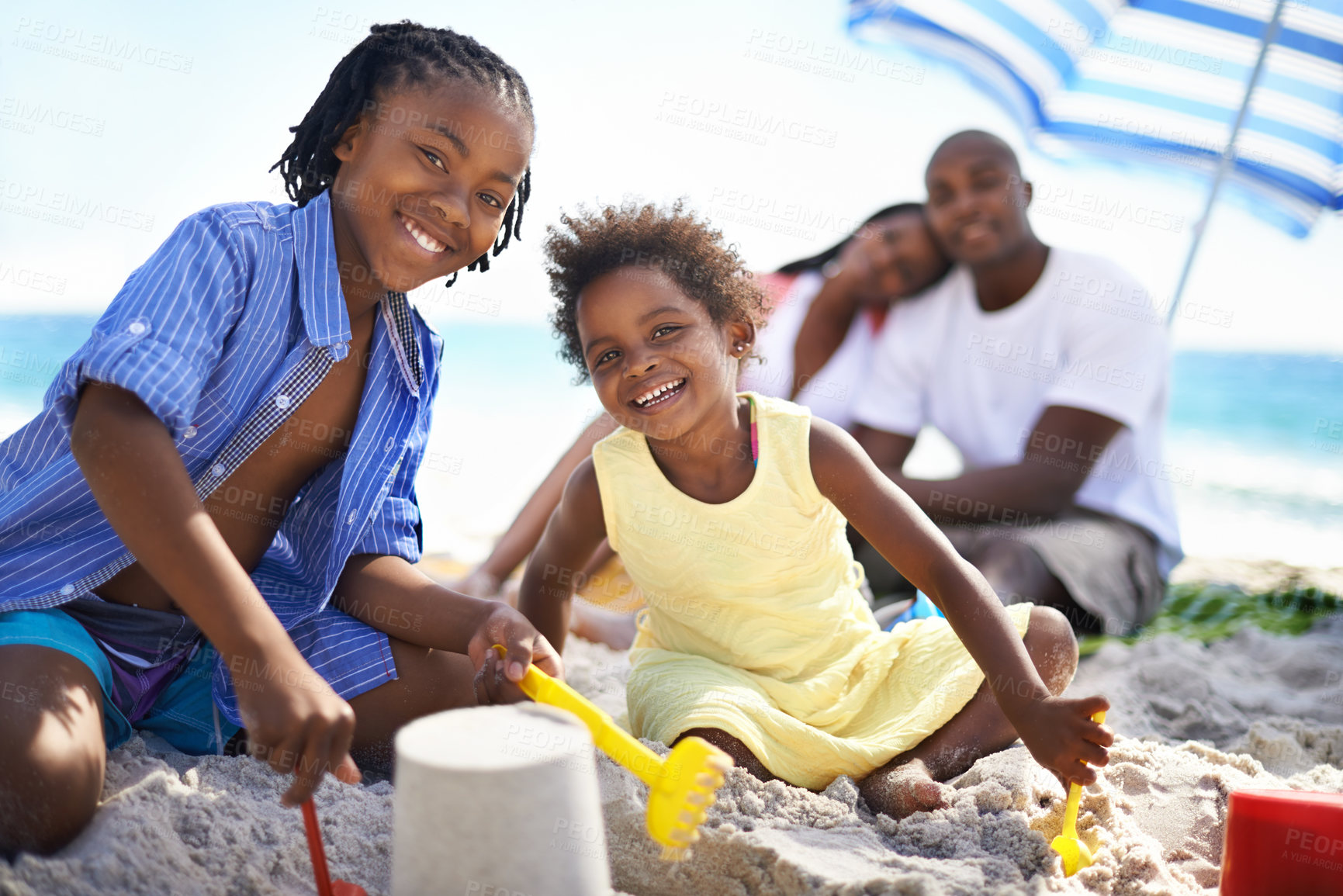Buy stock photo Black kids, family or playing in sand and happy at beach for adventure, holiday or vacation in summer. African people, face or smile outdoor in nature for break, experience or bond and relationship