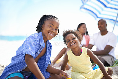 Buy stock photo African family, parents or children and happy at beach for adventure, holiday or vacation in summer. African people, face and smile outdoor in nature for break, experience or bonding and relationship