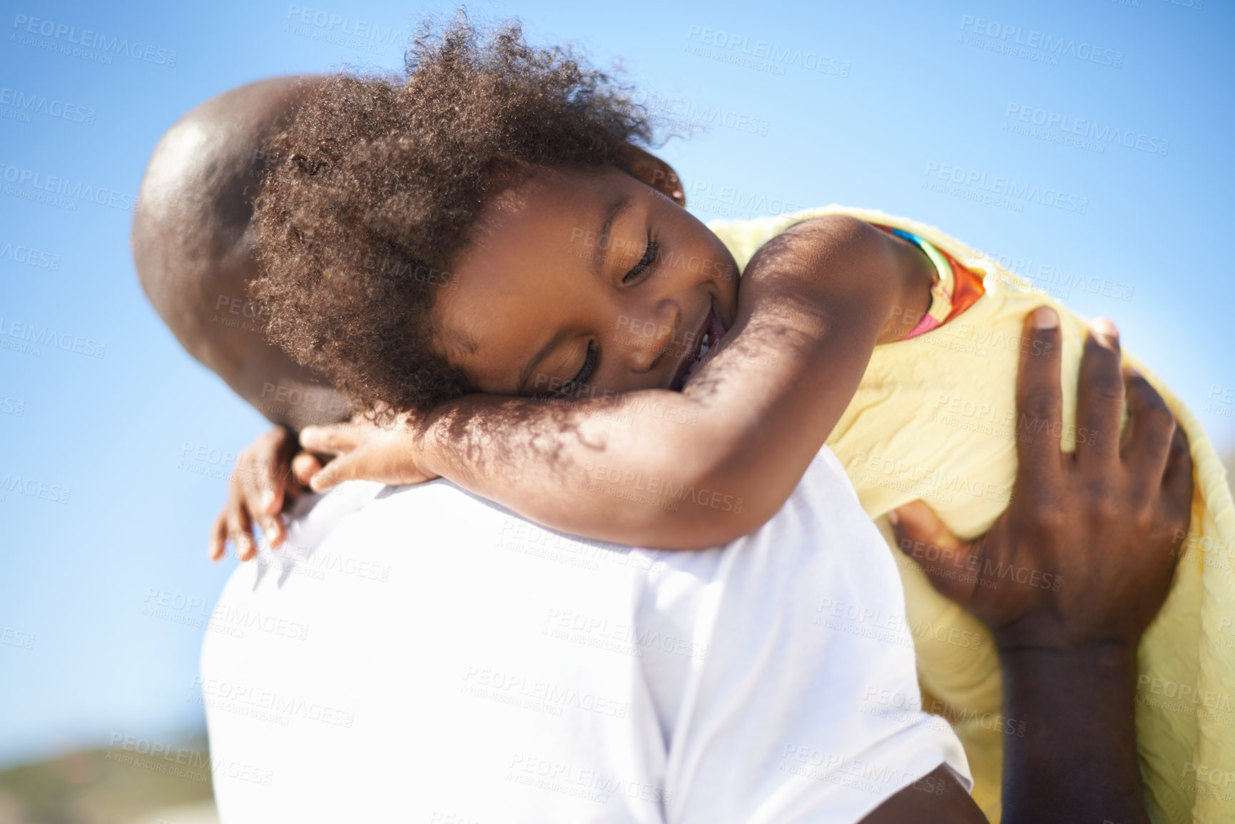 Buy stock photo An adorable african-american falling daughter asleep on her father's shoulders at the beach