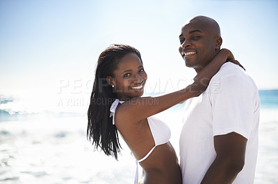 Buy stock photo Happy, love and portrait of black couple at the beach for valentines day vacation, holiday or adventure. Smile, romance and young African man and woman on a date by the ocean on weekend trip together