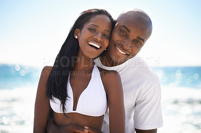 Buy stock photo Black couple, smiling and hug with portrait, beach and married for summer vacation. African, enjoying and happy for holiday, sun tan and seaside in outdoor, beautiful and day off in costal city

