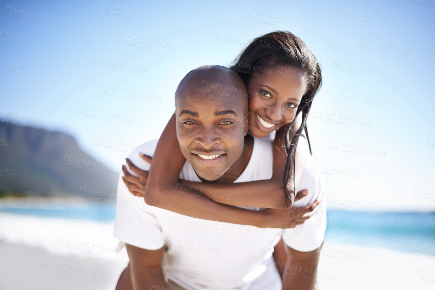 Buy stock photo Happy, piggyback and portrait of black couple at beach for valentines day vacation, holiday or adventure. Smile, love and young African man and woman on a date by the ocean on weekend trip together.