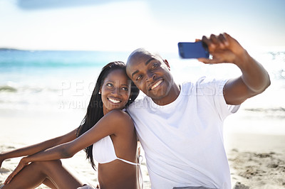 Buy stock photo Smile, selfie and black couple at beach on holiday, summer vacation and travel in nature. African man, woman and picture at ocean, sea and happy together, relax or love outdoor on valentines day date