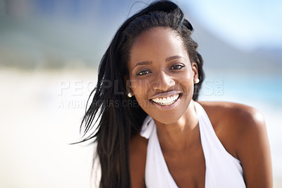 Buy stock photo Portrait of black woman on beach, relax and smile on holiday with travel, sunshine and tropical island. Sea, happy and african girl on ocean vacation in summer with adventure, peace and calm water.