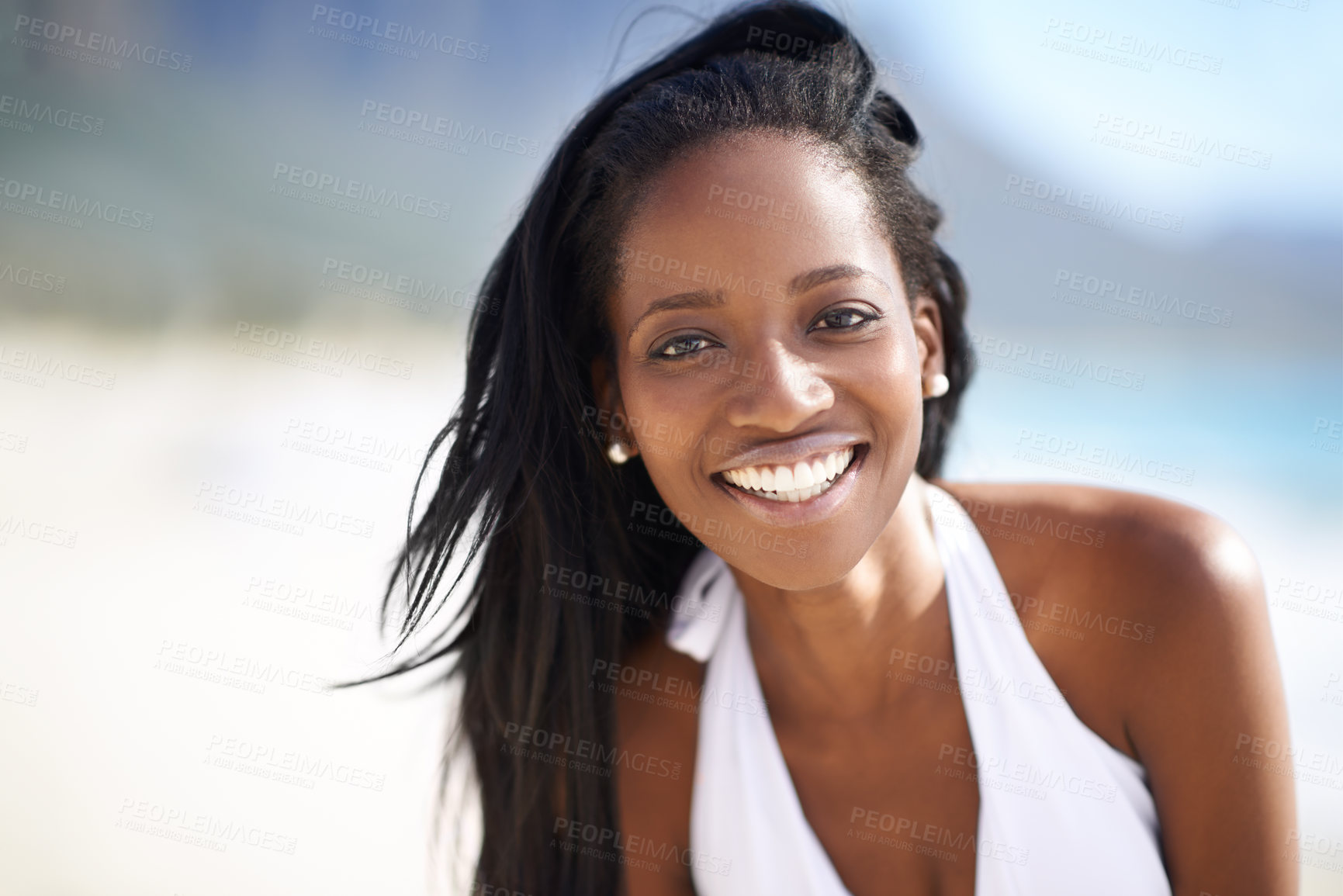 Buy stock photo Portrait of black woman on beach, relax and smile on holiday with travel, sunshine and tropical island. Sea, happy and african girl on ocean vacation in summer with adventure, peace and calm water.