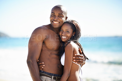 Buy stock photo Happy, love and portrait of black couple at the beach for valentines day vacation, holiday or adventure. Smile, romance and African man and woman on a date by the ocean on weekend trip together.