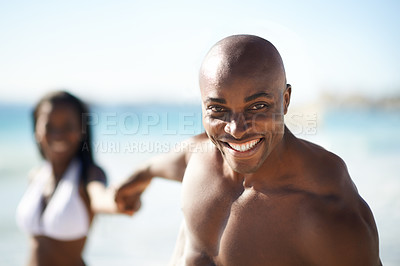 Buy stock photo Portrait of black couple on beach, holding hands and smile on holiday with sunshine, tropical island and travel. Sea, happy man and woman on ocean vacation in summer with adventure, love and blue sky