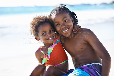Buy stock photo Portrait, black kids and happiness on beach with costume for adventure, holiday or vacation in summer. African sibling, face and smile outdoor in nature for break, experience or bonding with embrace