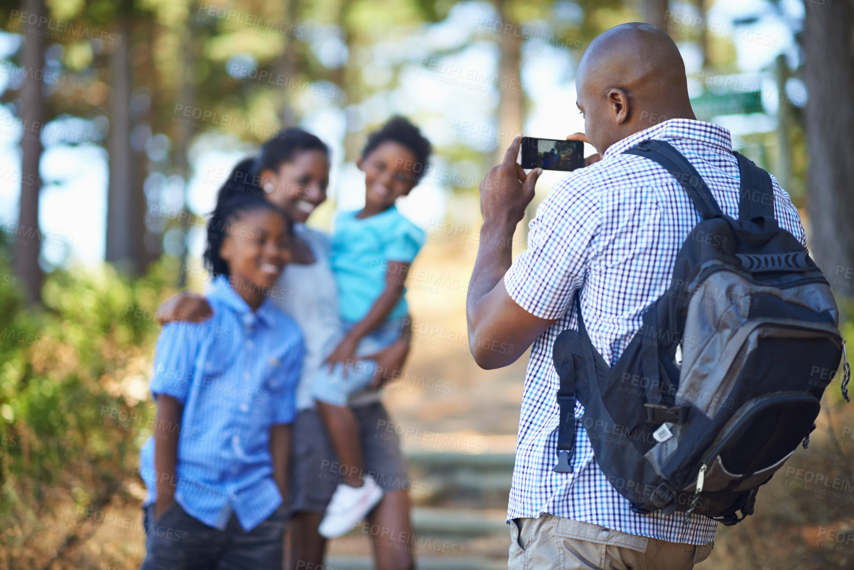 Buy stock photo Picture, happy or black family hiking in forest to relax or bond on holiday vacation in nature. Children siblings, mother or African father in woods trekking on outdoor adventure with smile for photo