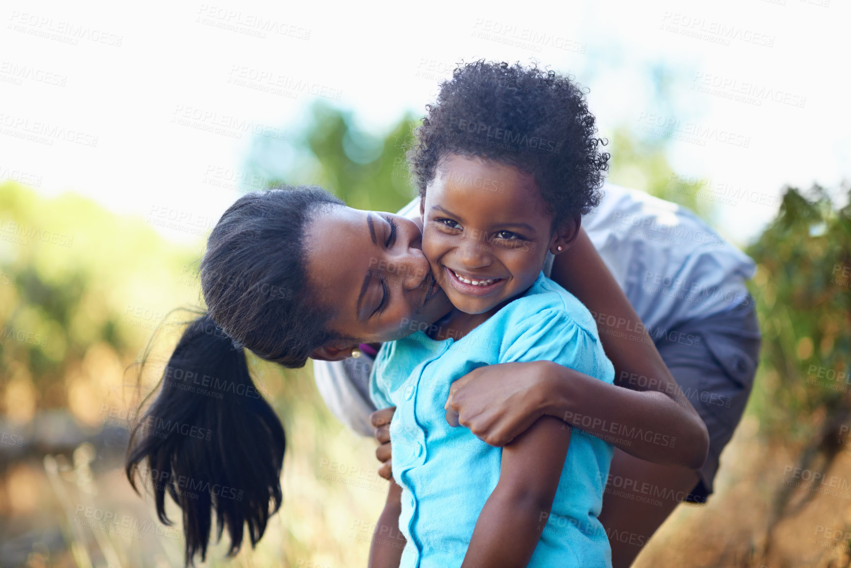 Buy stock photo Child, kiss or mother hiking in forest to relax or bond on holiday vacation together in nature. Kid, African mom or happy black family in woods trekking on outdoor adventure with smile, love or hug