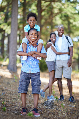 Buy stock photo Family, portrait or happy kids hiking in forest to relax or bond on holiday vacation together in nature. Sibling children, black people or African parents in woods trekking on outdoor adventure