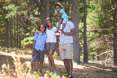 Buy stock photo Smile, portrait or black family hiking in forest to relax or bond on holiday vacation together in nature. Children siblings, mother or happy African father in woods trekking on fun outdoor adventure