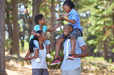 Buy stock photo Happy, laughing or black family hiking in forest to relax or bond on holiday together in nature. Funny children siblings, mother or African father in woods trekking on outdoor adventure with smile