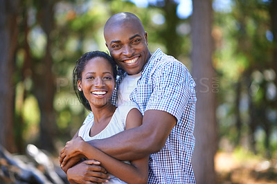 Buy stock photo Hug, portrait or black couple hiking in forest to relax or bond on holiday vacation together in nature. Happy, travel or African woman with smile or man in woods trekking on outdoor park adventure