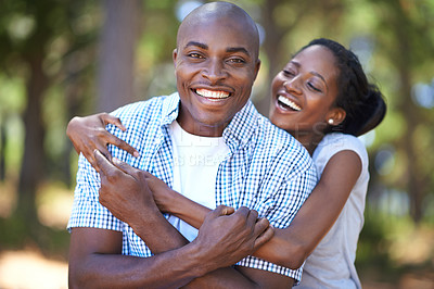 Buy stock photo Hug, portrait or happy black couple in forest to relax or bond on holiday vacation together in nature. Hiking, travel or African woman with smile or man in woods trekking on outdoor park adventure