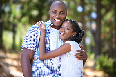 Buy stock photo Hug, portrait or happy black couple in park to relax or bond on holiday vacation together in nature. Hiking, travel or African woman with smile, love or man in woods on a fun outdoor forest adventure