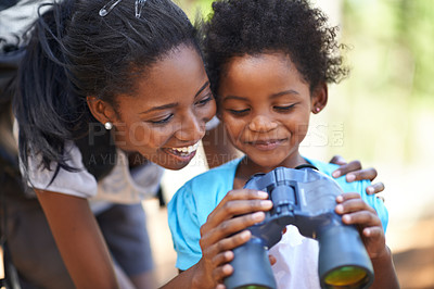 Buy stock photo Happy, binocular or black family hiking in forest to relax or bond on holiday vacation together in nature. Child, sightseeing or African mom in woods or park to travel on outdoor adventure with smile