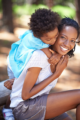 Buy stock photo Child, hug or portrait of mother at a park to relax or bond on family holiday vacation in nature. Kid, happy or African woman in forest or woods trekking on outdoor adventure with love or joy