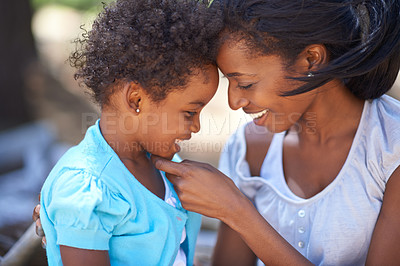 Buy stock photo Girl, love or mother with smile in nature or forest to relax or bond on a summer holiday vacation trip. Child, black family or happy African mom in park or woods on outdoor adventure with care