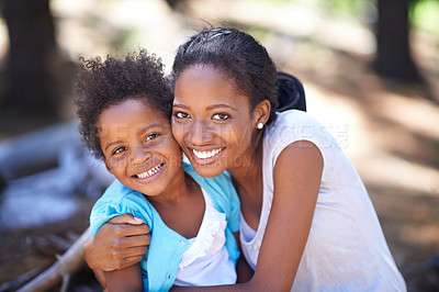 Buy stock photo Kid, portrait or mother hug in nature or forest to relax or bond on holiday vacation trip for love. Girl, black family or happy African mom hiking in park or woods on outdoor adventure with care