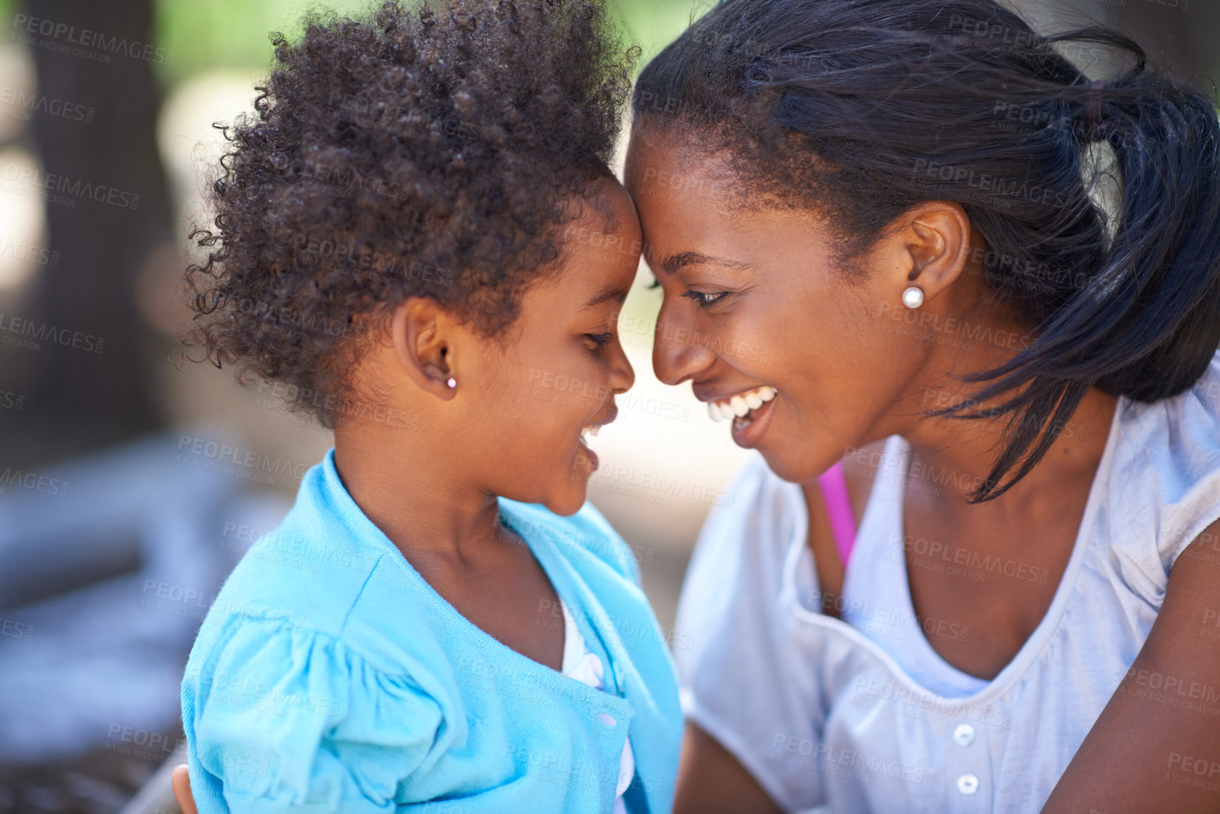 Buy stock photo Kid, love or mother hiking in nature or forest to relax or bond on a summer holiday vacation trip. Child, black family or happy African mom in park or woods trekking on outdoor adventure with care