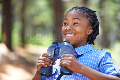 Buy stock photo Binocular, search or happy boy child in forest hiking, sightseeing or discovery. Lens, equipment or excited African kid in nature for adventure, learning or seeing, explore or  watching while camping