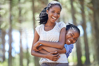 Buy stock photo Portrait, mother and son hiking in the forest together as a black family for travel, freedom or adventure. Love, smile or hug with a happy young woman and excited boy child in the woods for bonding