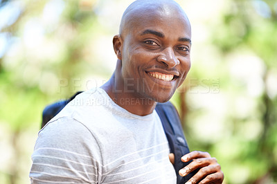 Buy stock photo Portrait of an african american man enjoying a day out hiking