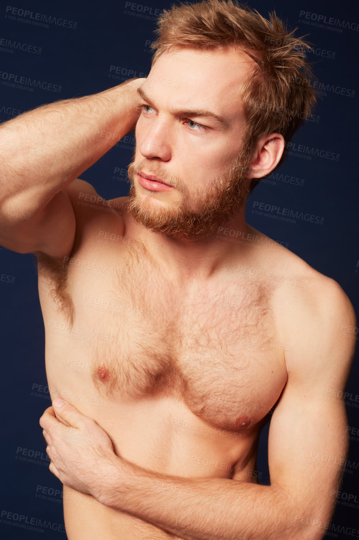 Buy stock photo Man, shirtless with muscle and beauty in studio, pose with confidence and fitness isolated on dark background. Topless, cosmetic care and skin, German model with healthy and strong, muscular body