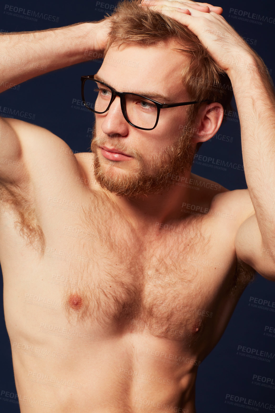 Buy stock photo Man, shirtless with muscle and glasses in studio, confident pose and fitness, beauty and eye care on dark background. Fashion eyewear, cosmetics and skin, German model with healthy and strong body