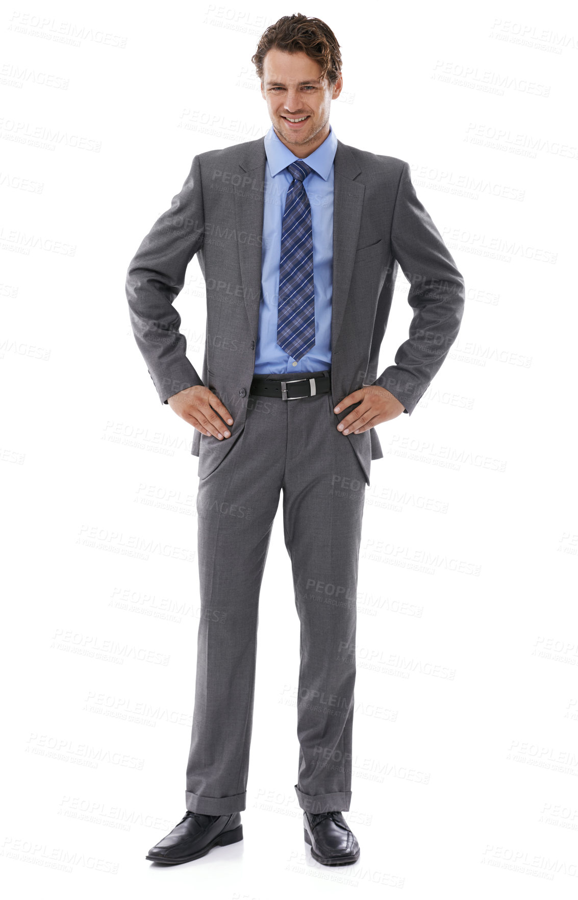 Buy stock photo Business, portrait and happy man in studio with fashion, suit and positive mindset against white background. Style, smile and male entrepreneur with fashionable formal outfit, clothes or confidence