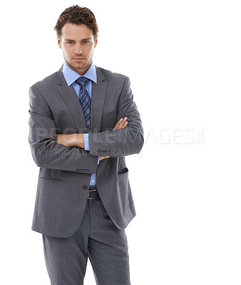 Buy stock photo Business, portrait and serious man with arms crossed in studio with fashion, suit or attitude white background. Style, face and male entrepreneur with fashionable formal outfit, clothes or confidence