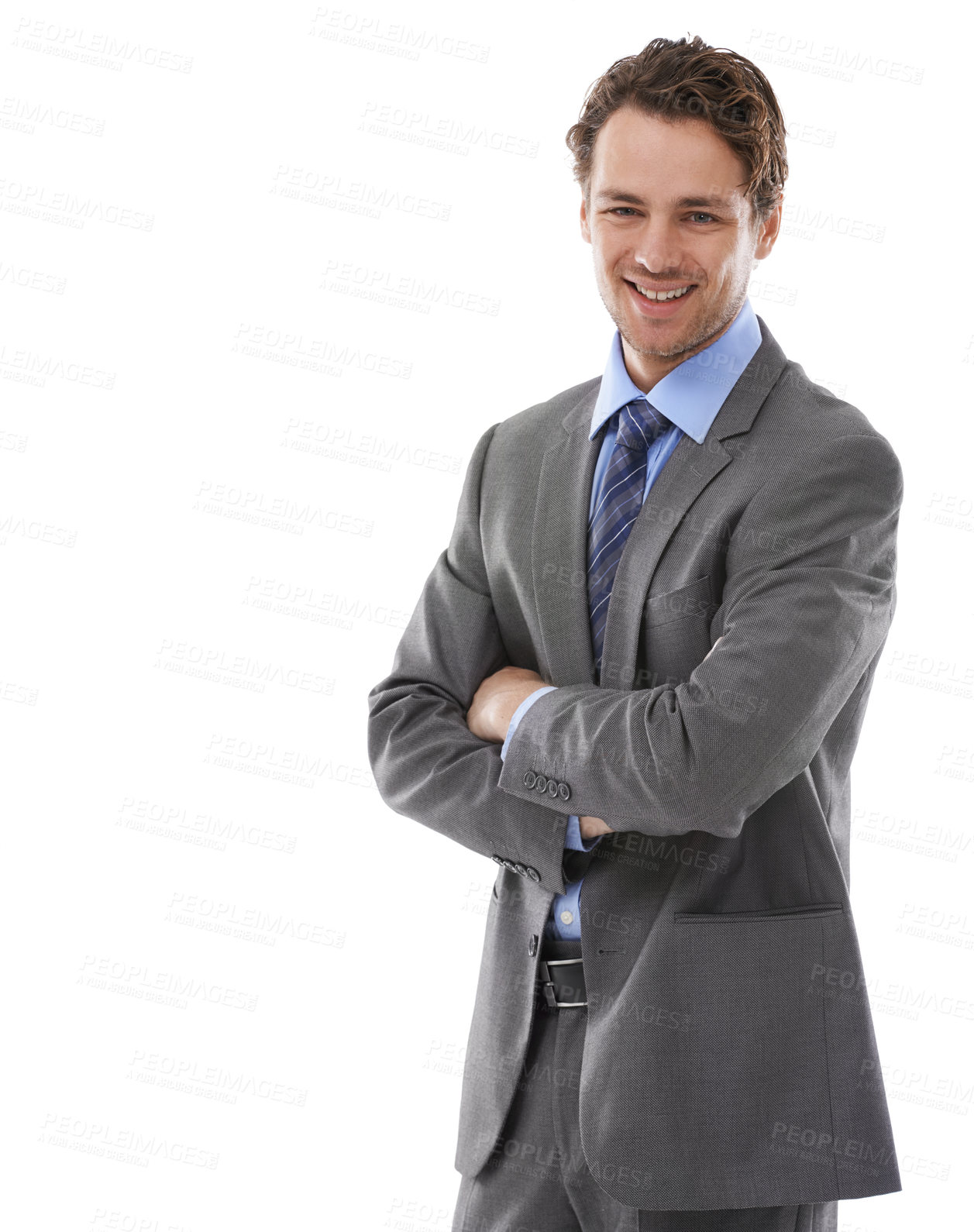 Buy stock photo Business, arms crossed and studio portrait of happy man with lawyer experience, legal career and mockup space. Law firm expert, advocate and attorney confident in government job on white background