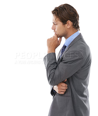 Buy stock photo Studio profile, thinking and business man ideas for problem solving solution, corporate plan or brainstorming company development. Mockup space, work choice and agent decision on white background