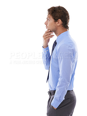 Buy stock photo Studio profile, thinking and business man planning of problem solving solution, work innovation or agency decision. Mockup space, wondering and agent question choice, why or idea on white background