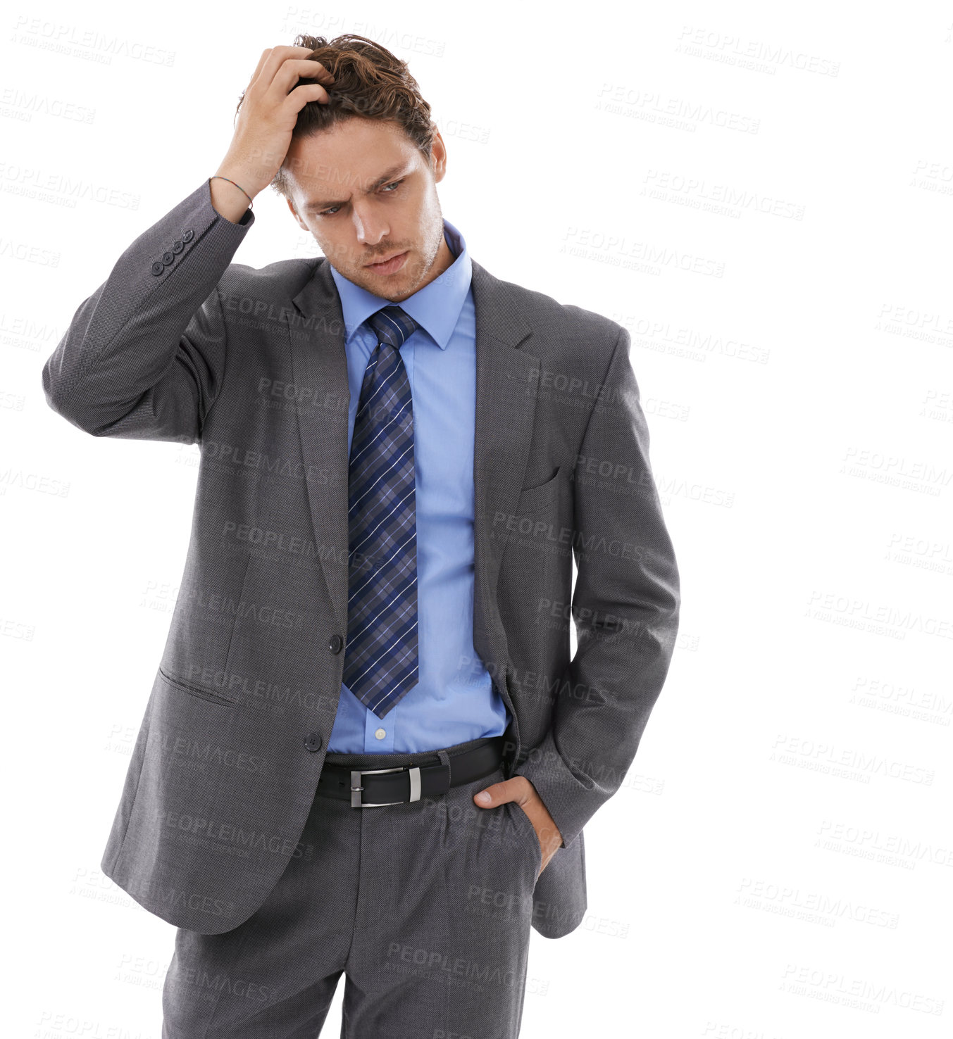 Buy stock photo Studio, thinking and business man stress over corporate problem, company disaster or work mistake. Anxiety, crisis and professional person worry for risk, fail or error isolated on white background