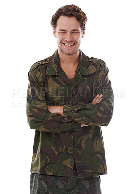 Buy stock photo Military, arms crossed and smile with portrait of man in studio for war, conflict and patriotism. Army, surveillance and security with person on white background for soldier, battlefield and veteran