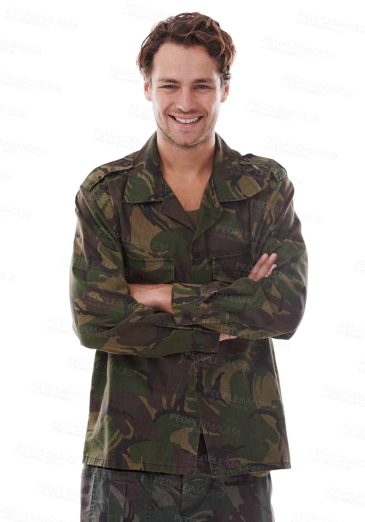 Buy stock photo Military, arms crossed and smile with portrait of man in studio for war, conflict and patriotism. Army, surveillance and security with person on white background for soldier, battlefield and veteran