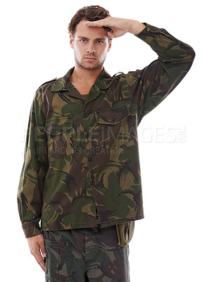 Buy stock photo Military, warrior and salute with portrait of man in studio for war, conflict and patriotism. Army, surveillance and security with person on white background for soldier, battlefield and veteran