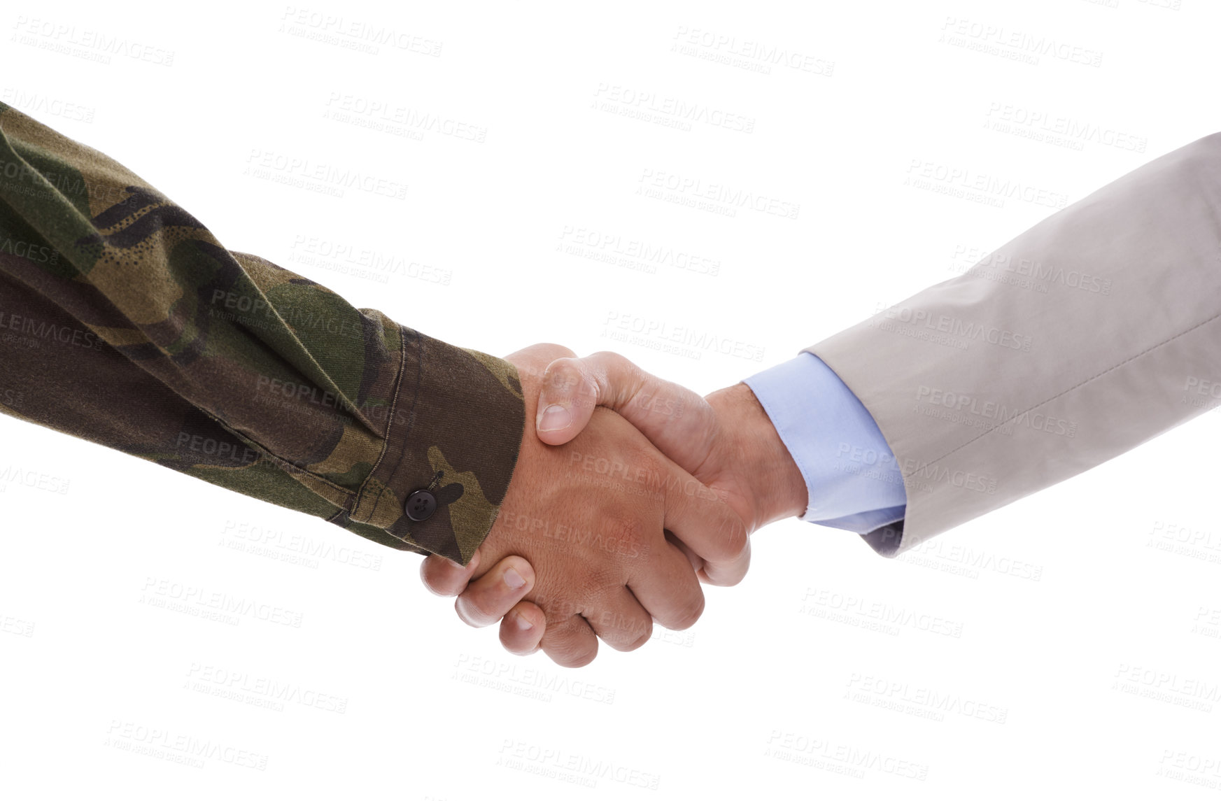 Buy stock photo Closeup studio shot of a soldier shaking hands with a politician