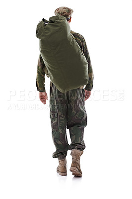 Buy stock photo Shot of a young man in military fatigues