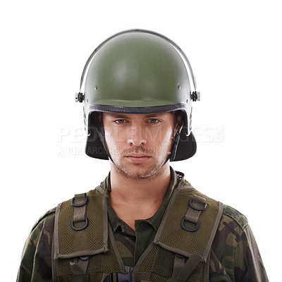 Buy stock photo Military, warrior and serious with portrait of man in studio for war, conflict and patriotism. Army, surveillance and security with person on white background for soldier, battlefield and veteran