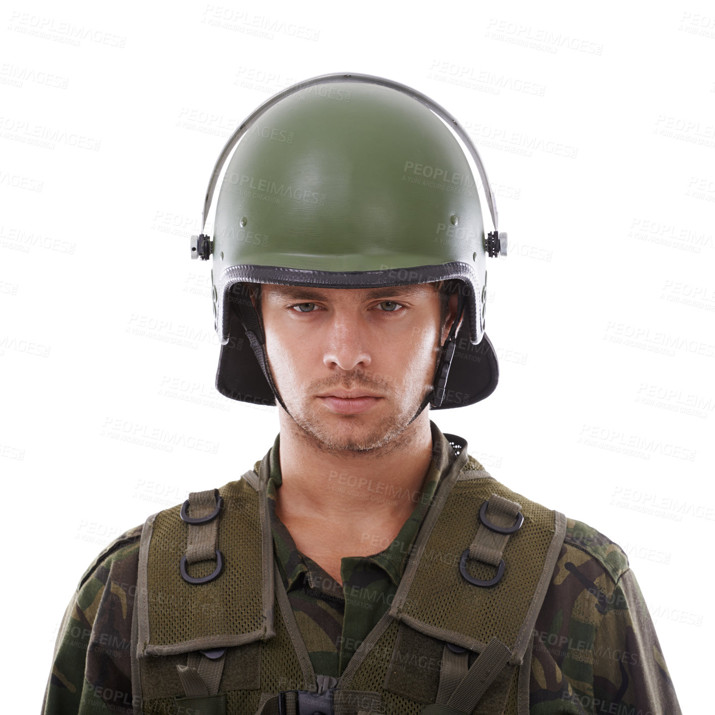 Buy stock photo Military, warrior and serious with portrait of man in studio for war, conflict and patriotism. Army, surveillance and security with person on white background for soldier, battlefield and veteran