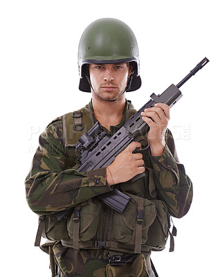 Buy stock photo Military, warrior and gun with portrait of man in studio for war, conflict and patriotism. Army, surveillance and security with person on white background for soldier, battlefield and veteran