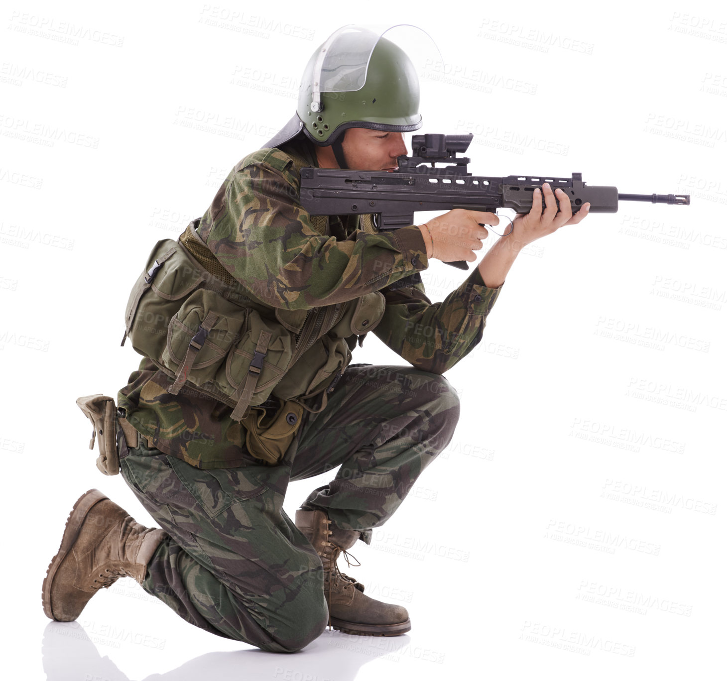 Buy stock photo Military, shooting and sniper with man and gun in studio for war, conflict and warrior. Army, surveillance and security with person and rifle on white background for soldier, battlefield or veteran